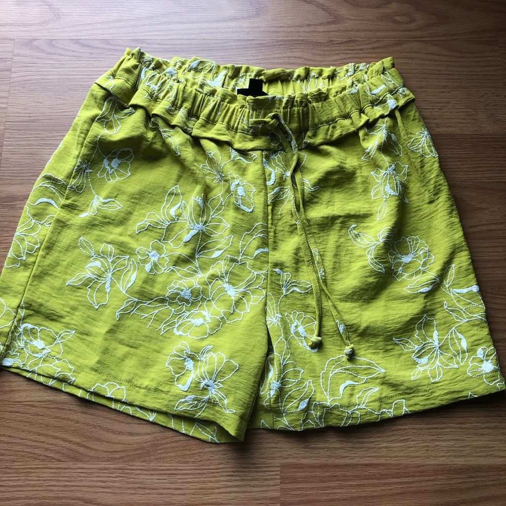 High-Waist Lime Floral Drawstring Shorts